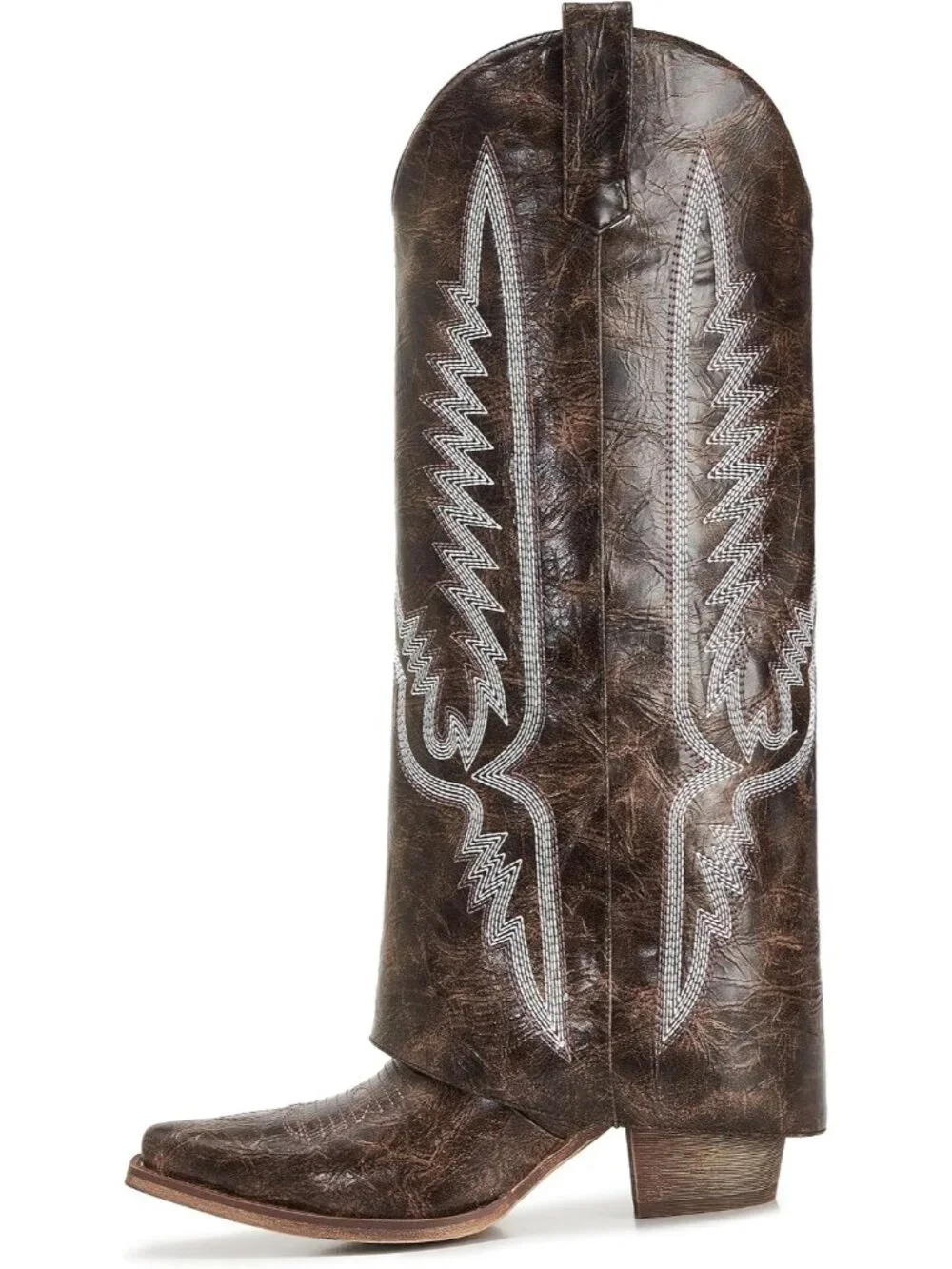 Women's Brown 1 Pointed Toe Wedge Heel Side Zipper Knee High Shark Boots